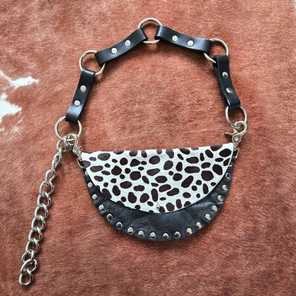 Dalmation Print Handmade Cow Hide Leather & Chain Cross Body Waist Bag